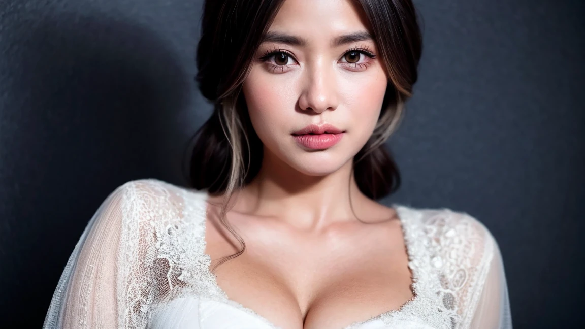 Best Quality, Highest Resolution, Realistic, Detailed, Various colors, (Soft focus:1.2), Masterpieces, (Big breasts:1.2), Glossy skin, Heavy makeup, Red lips, Closed mouth, (Bangs, Short updo), Beautiful woman,
She's strong and intimidating, Villainess, Glamorous body, (Condescending gaze, She will charm with gaze), Overbearing behavior, Looking at camera,
(Elegant designed strapless dress, Dress has an intricate pattern of jagatronic lace),
Detailed bedroom, Large windows, Outside the window are skyscrapers