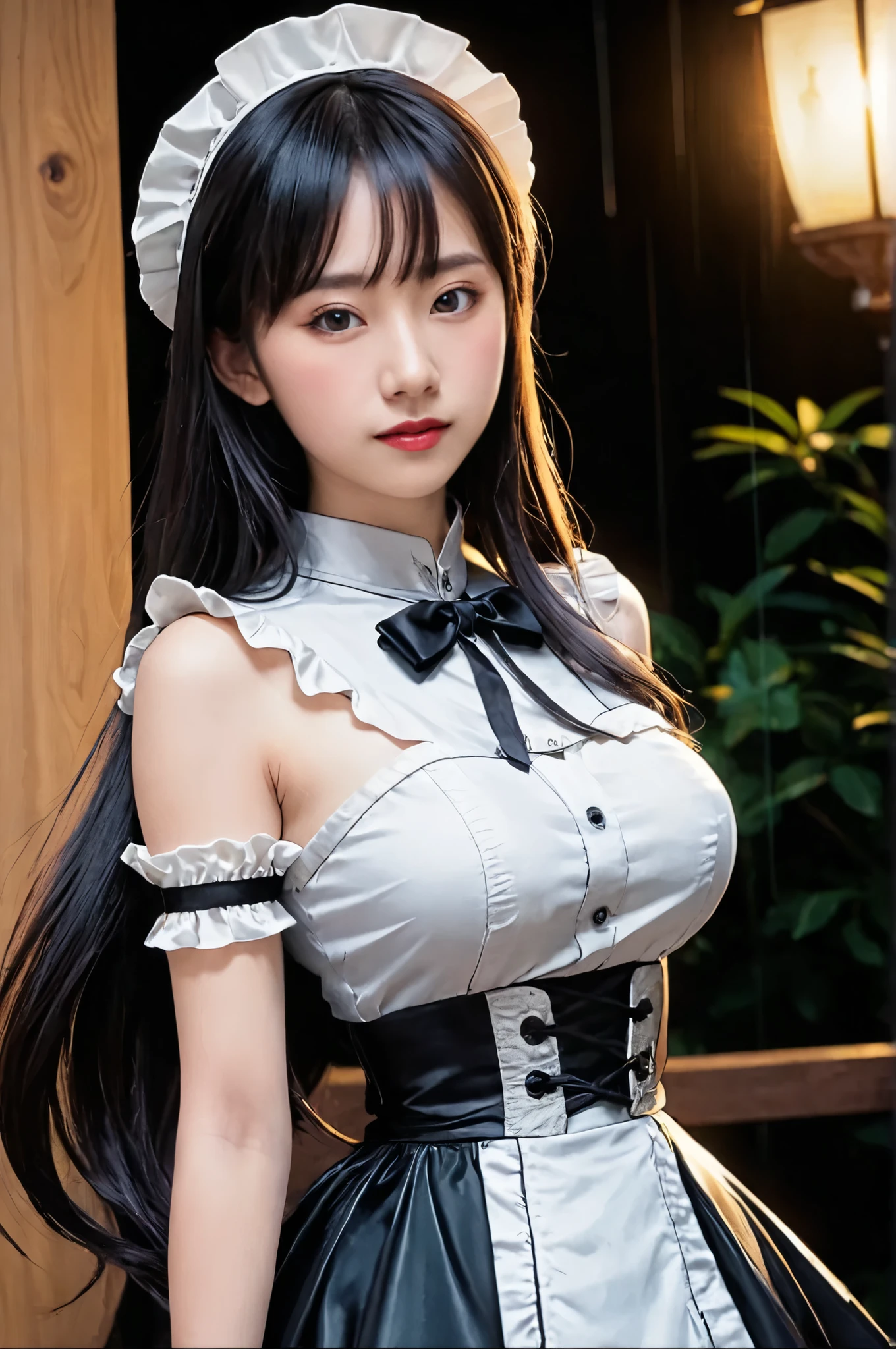 Best Quality, Super High Resolution, (Photorealistic:1.4), 1 Girl, (Complex Maid Outfit:1), Curvaceous, Busty, Black Hair, Looking at Viewer,