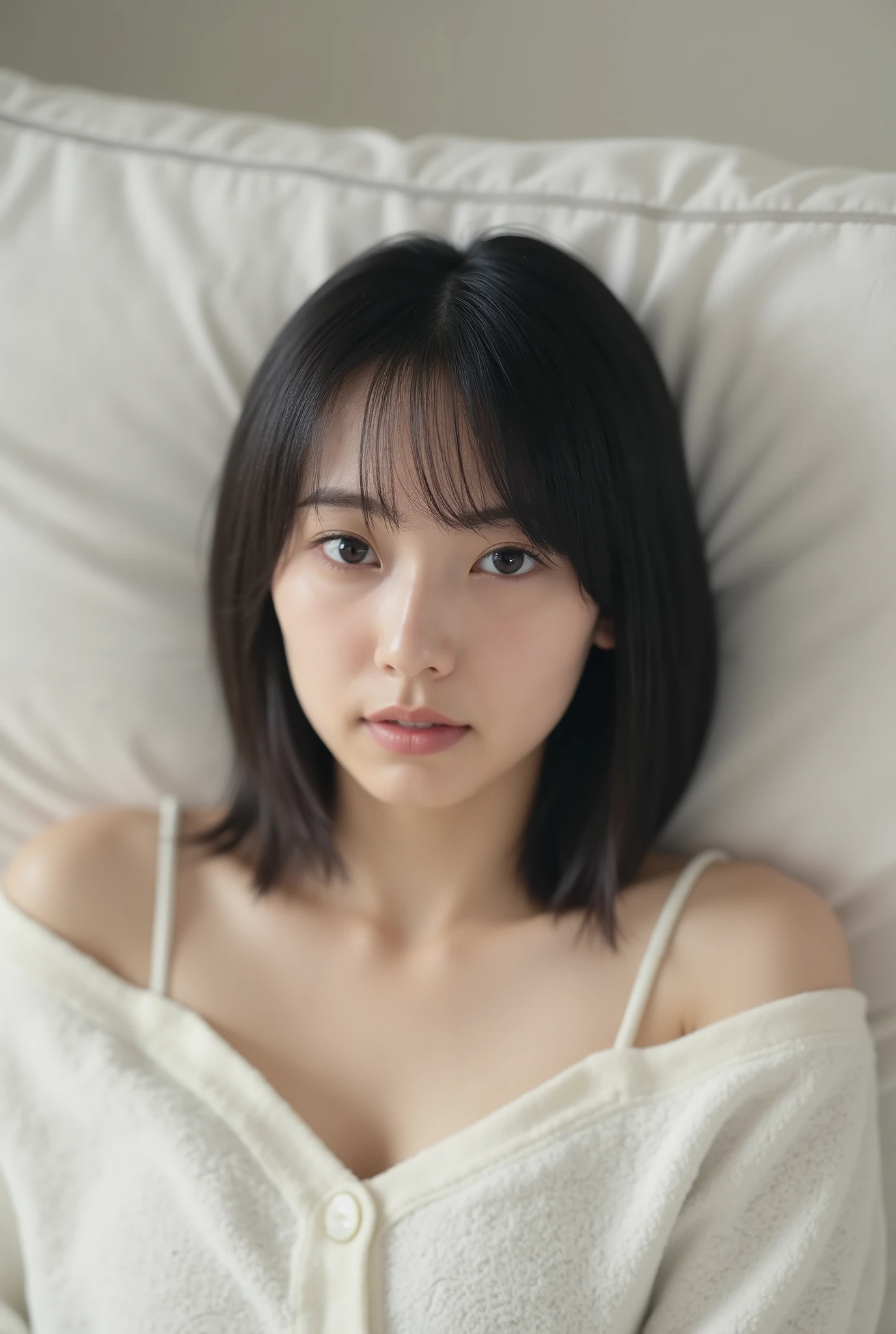 Create an image of an exceptionally beautiful Japanese girl with fair skin. She is reclining in her white room, wearing comfortable loungewear. Her straight, semi-short hair frames her face softly. The ambiance is enhanced by cinematic lighting, creating a cozy and inviting atmosphere.