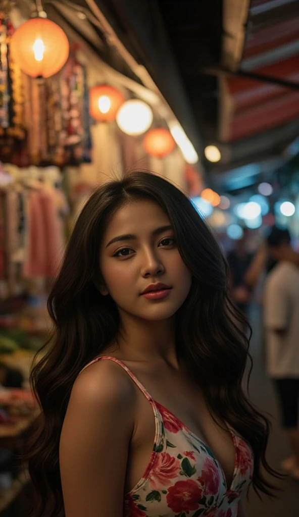 wide shot. visible from head to toe. a short, dark brown-skinned, slender, beautiful morena native-looking Filipina woman age 26 with a wide nose and long black hair with petite body size and dark brown skin is wearing a short skirt, shopping at an open fruit market at night in the philippines at night. she is happy and playful. it is year 2023. candid moment. absurdres, sterling silver highlights, IMAX quality, high detail. bokeh depth of field. cinematic film still, national geographic details, sports illustrated style. even professional color grading, soft shadows, no contrast, clean sharp focus, film photography. meticulous attention to texture and detail. anatomically correct, super detail, high quality, high details, 16k.