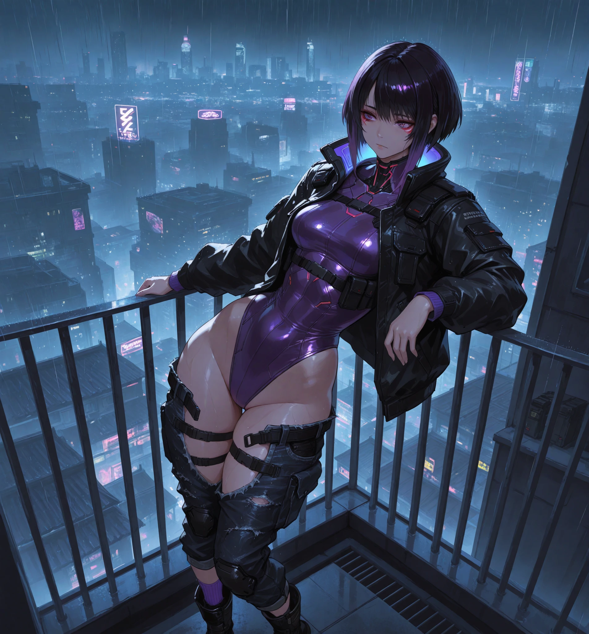 Late Night Tokyo、This is the rooftop of the tallest building in Tokyo.、You can look down on the city buildings from here.、1A girl stands sighing at the world、It's night now、サファイアのアクセサリーが付いている大きな黒いwitch hatを被っているCompletely nakedの女性、Completely naked、I can see her , navel, pussy, clitoris and labia majora.、knee-length black stockings、Short dark blue loose lob hair、Small breasts、R-18 illustration、I can see the pink nipples、All dark blue hair、The inside of the hair is white、