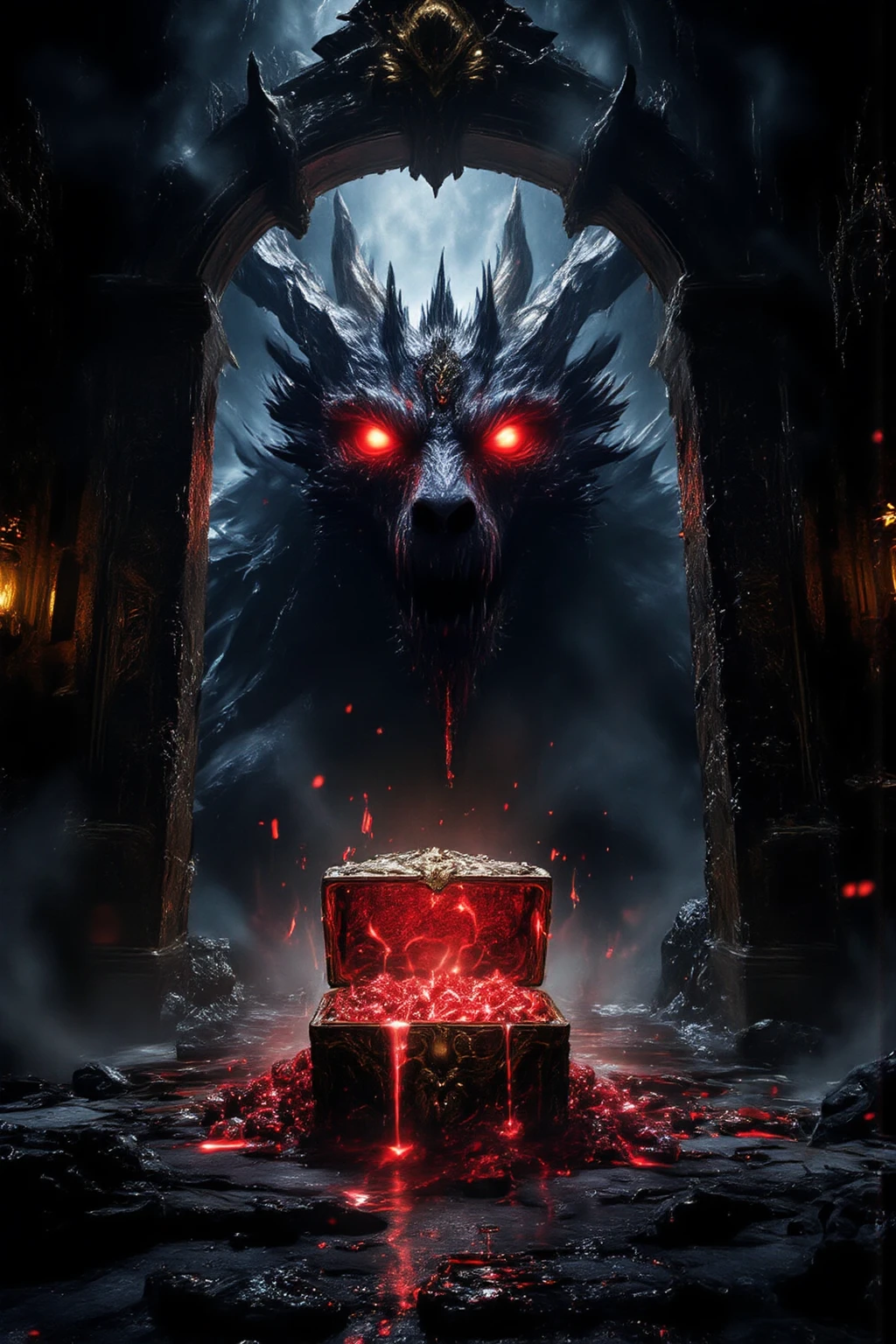 a hand skull holding an hourglass, black and white, face of a fire dragon in the background, hyper detailed, 8k, masterpiece, cinematic, dramatic lighting, dark fantasy, chiaroscuro, moody, atmospheric, intricate, photorealistic