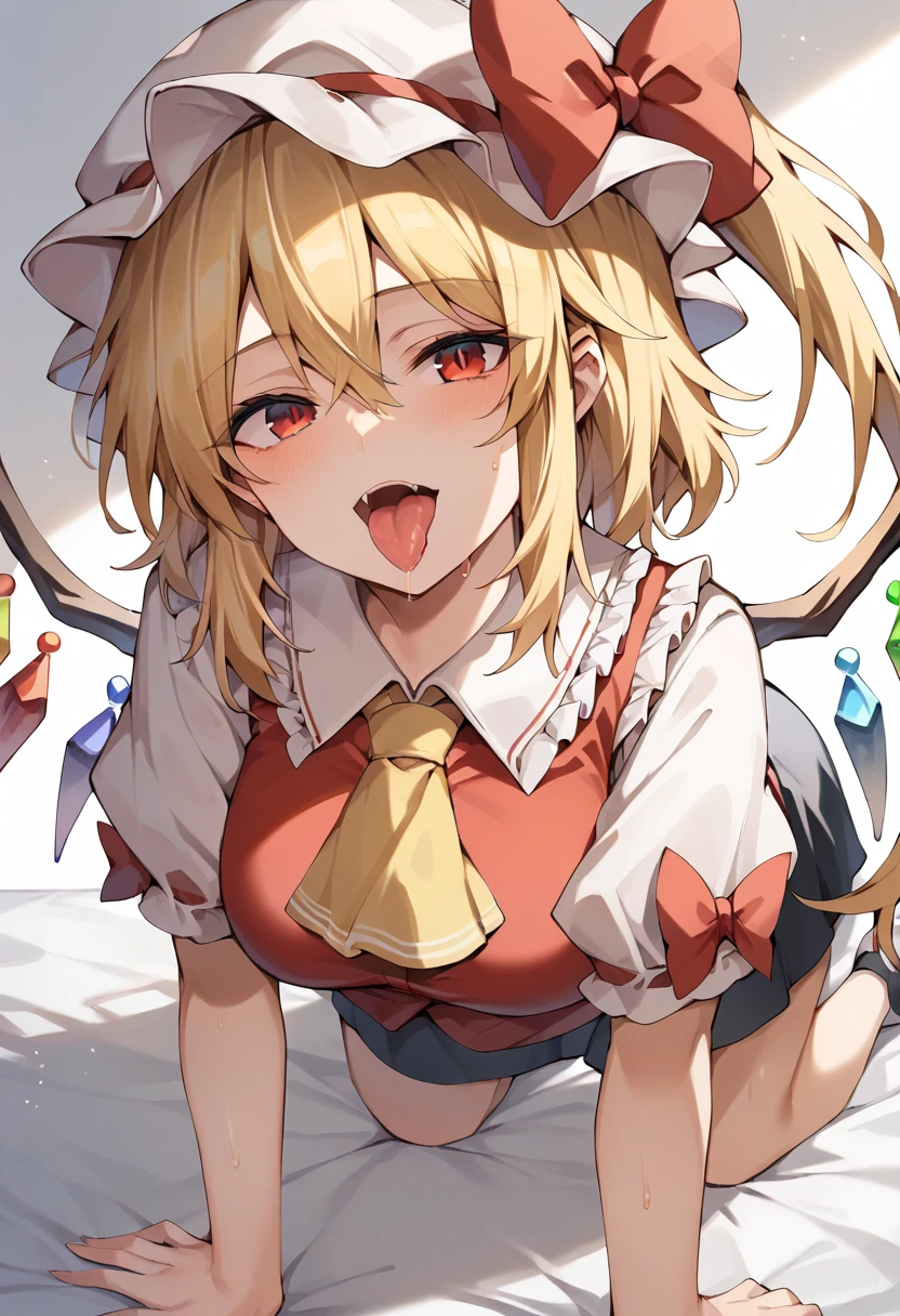 1girl, flandre scarlet, touhou, on bed, , cum pussy,eye closed, gentle smile, finger to mouth, dark, night, spoken heart, explicit, nsfw, hat, mob cap, solo, blonde hair, wings, red eyes, crystal, one side up, medium hair, sound effect, motion lines, trembling, messy hair, sweat, ecstasy, fully, maste, best quality, absurdres, very aesthetic