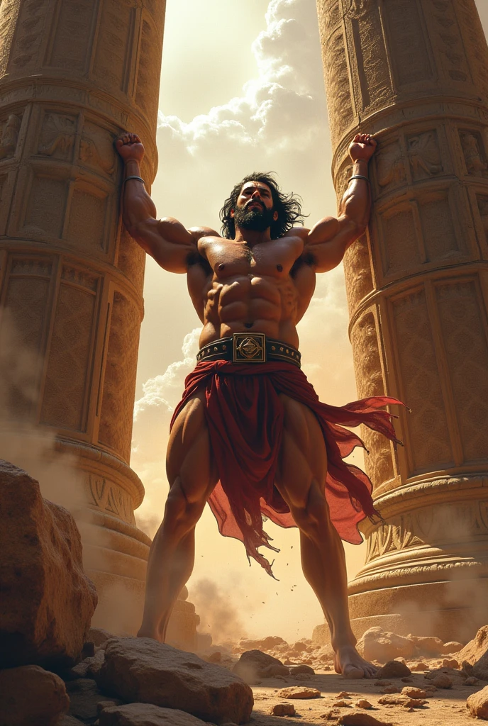 Create the image of the blind Samson from the Bible destroying the Philistine temple