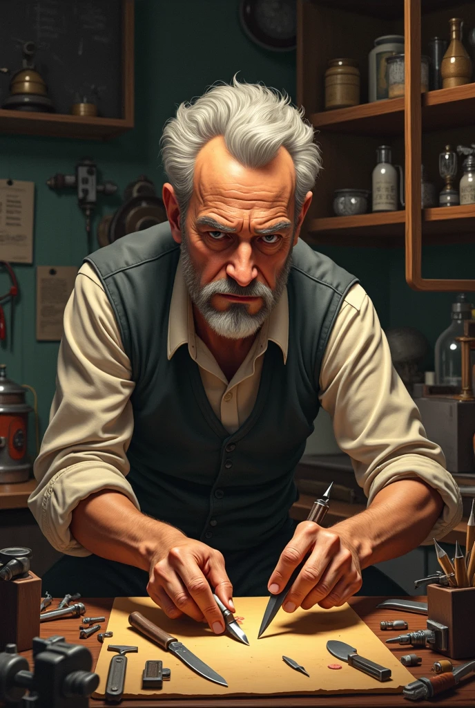 High quality In the room, a kind old man in a white shirt, holding a pipe in his hand,