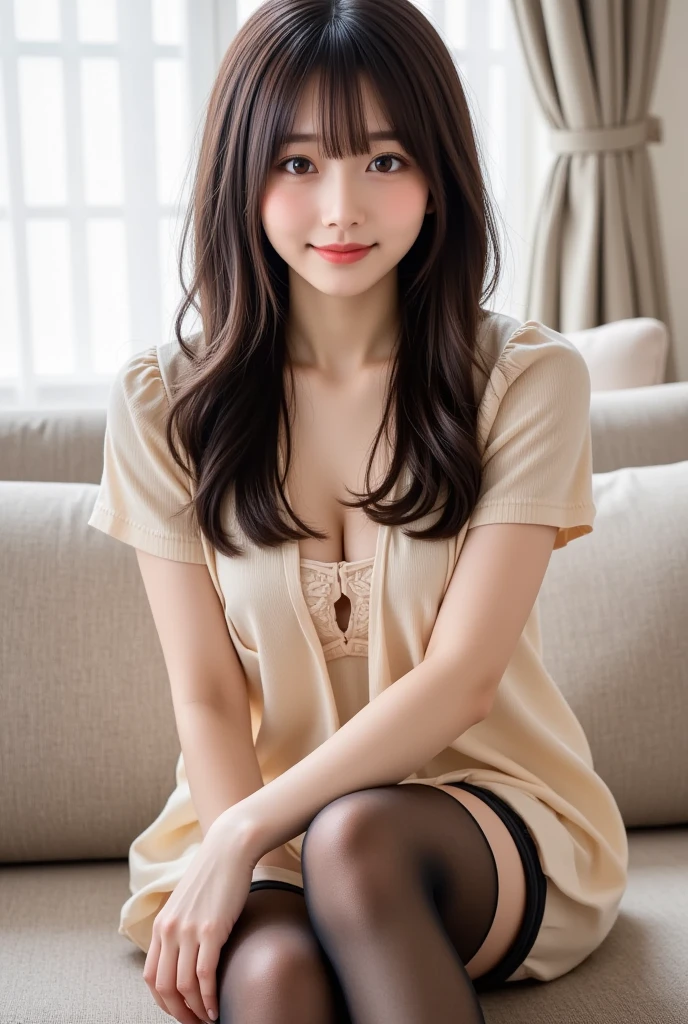 table top, highest quality, figure, Super detailed, finely, High resolution, 8k wallpaper, Perfect dynamic composition figure, detailed and beautiful eyes, Women's fashion🍂,medium hair,、natural color lip, bold sexy pose,smile,、20 year old girl、cute、sexy shot looking at camera、crawl on all fours、bedroom