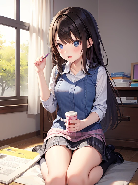 very cute and beautiful girl,(Very detailed美しい顔), (smile),blush,Black Hair,Seraphim,(White Shirt、Pleated navy blue pread your legs、Squat)、Sitting、(From below)、(Lacy white panties), Country road、Distant Tree々and the city, (Highest quality,masterpiece:1.0),Absurd,High resolution,Super detailed,Very detailed,32K,8k resolution, Intricate details,Movie Scenes,Detailed Background,alone,Dynamic Angle,