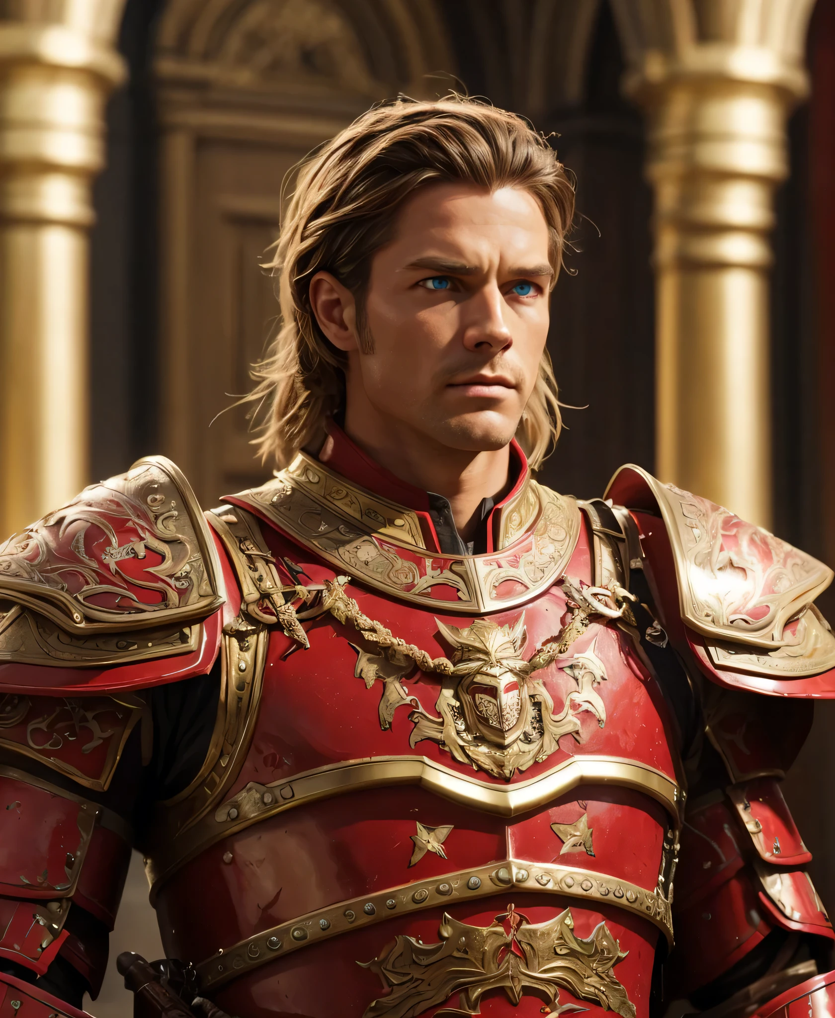 A General, he has blue eyes and brown hair. He is wearing full red armour. Realistic with cinematic vibe.