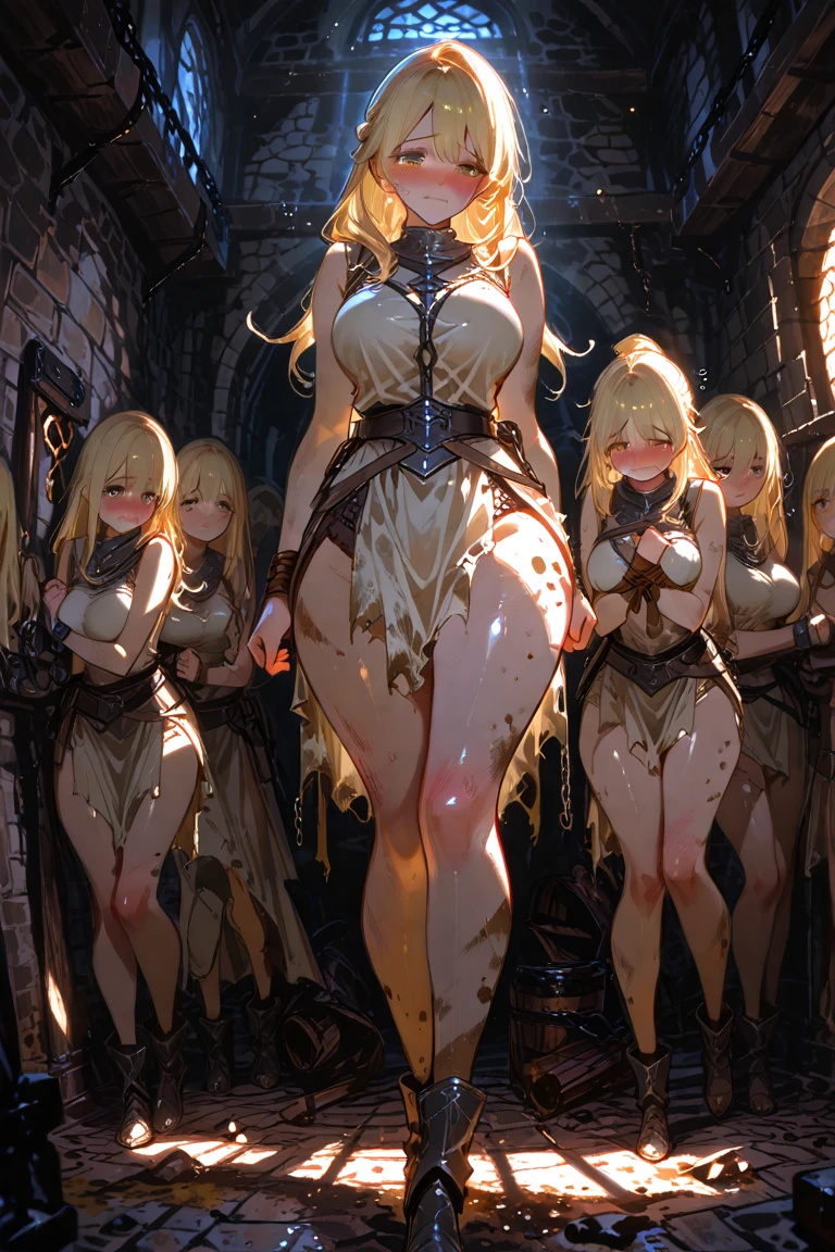 8K, 4k, highest quality, High resolution: 1.2), (masterful, realistic, photoreal: 1.4), three women, beautiful face, she is crying、Shining Lipin Eyes, beholder, Fair skin, white skin: 1.5), Fine complexion, big, big, blonde hair color、bangs, , both sides up,, young, s asack-view、big ass、super breasts、H cup、lower hair、standinian hair、Horns grow from the head、Rear view、exposed nipples、T-back that digs into the buttocks、T-back lingerie、wear a white thong、white langerie、emphasize the buttocks、Harem、Long ears like elves