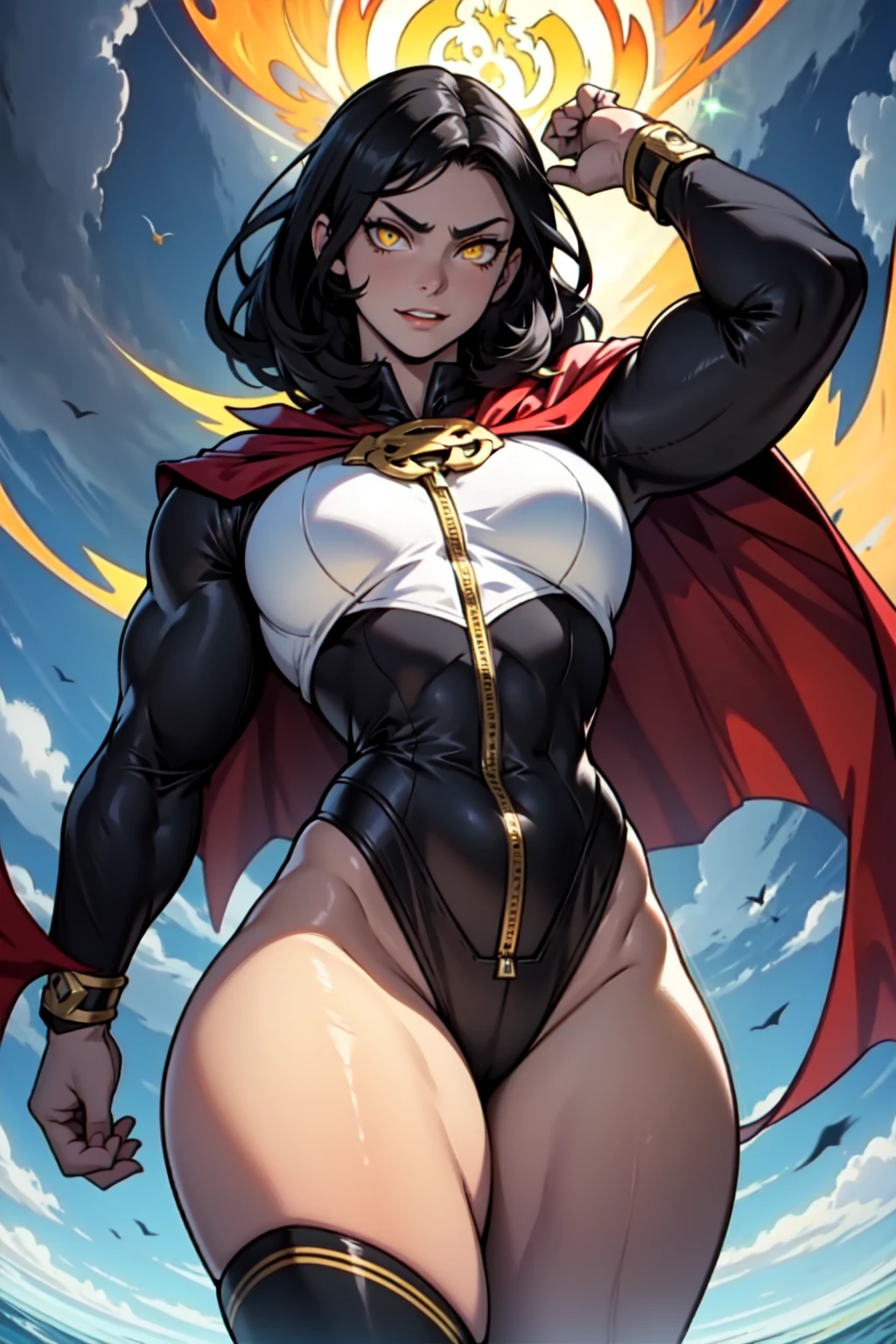 masterpiece, best quality, darkqueen, black eyes, earrings, cape, collarbone, leotard, elbow gloves, cleavage, huge breasts, thigh boots, looking at viewer, furrowed brow, smirk, outer space, floating, from side, flying, wide shot <lora:darkqueen-nvwls-v1-000010:0.9>
