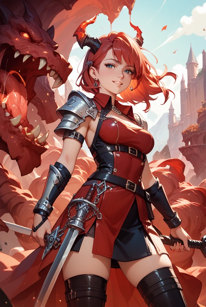 ((masterpiece)), best quality, 8k, high quality, high resolution, super detailed, ultra detailed, photorealistic, magical and finely detailed face and eyes, ultra detailed and detailed skin texture, enchanting eyes, perfect face, 1 girl, fiery red hair, (dragonscale armor), fierce expression, (fiery aura), (dragon egg), standing amidst a dragon's lair, a powerful creature by her side, resolute gaze, ((fiery grin)), day, ancient cavern, glimmering treasure, epic encounter, (rumbling growls), (crackling flames), since eons past, Drakara, formidable eyes, "Game of Thrones" inspired background.