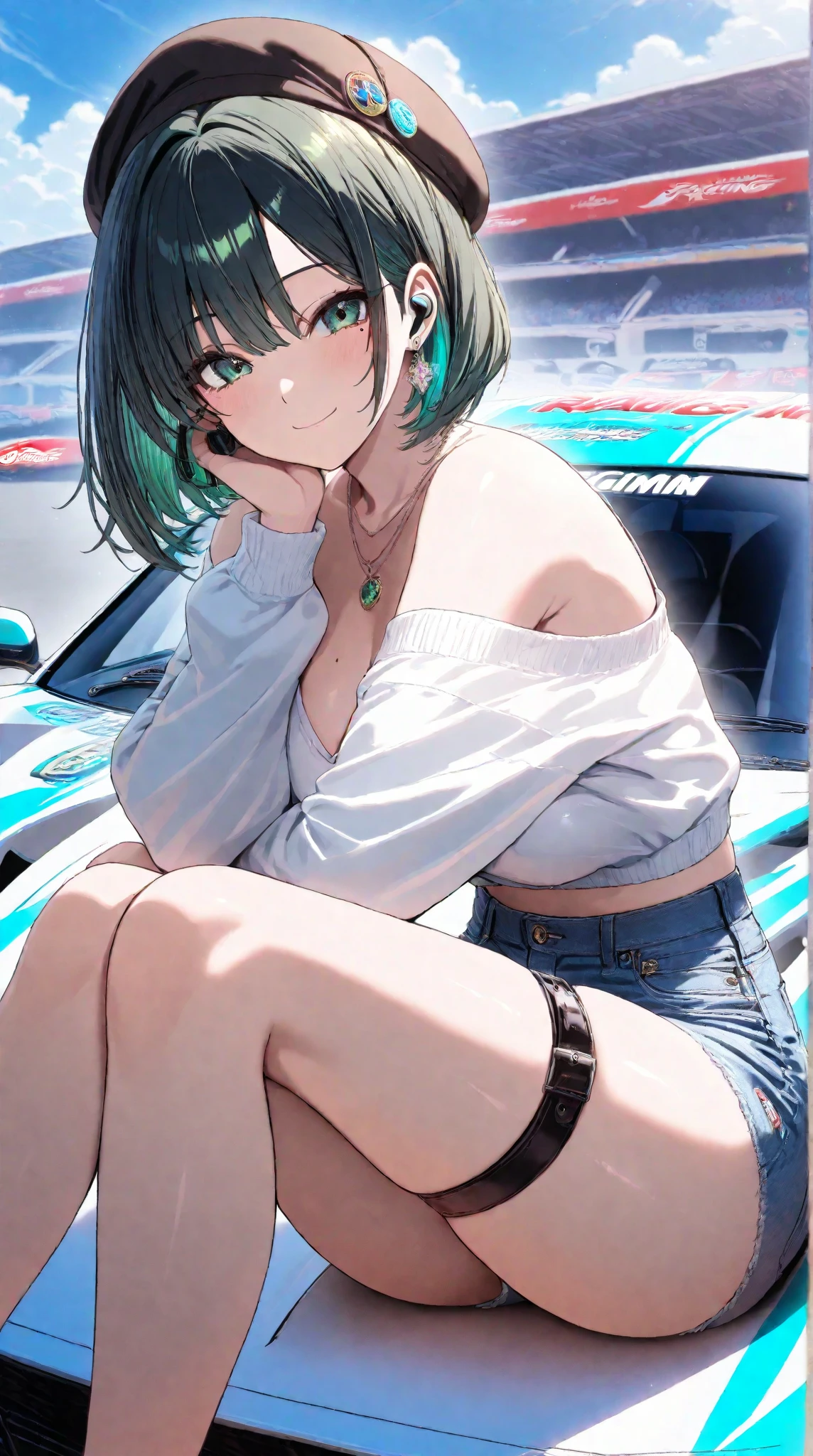 1 girl, high resolution,green eyes,earrings, beret, top quality, masterpiece, high definition model, black hair/green hair,thigh belt for both legs,necklace,bob hair, Mole,racing car,Off Shoulder,sexy, shorts and jeans ,smile、headphone