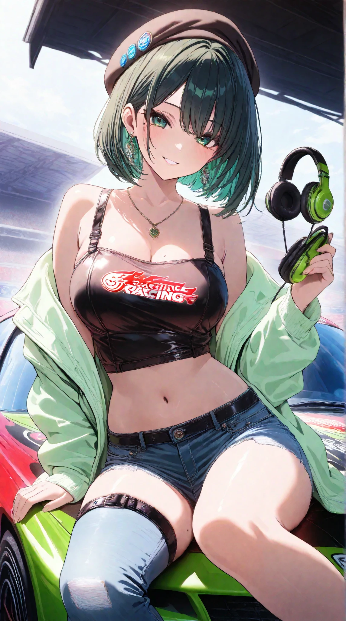 A woman in a black bikini and racing shorts Undercover