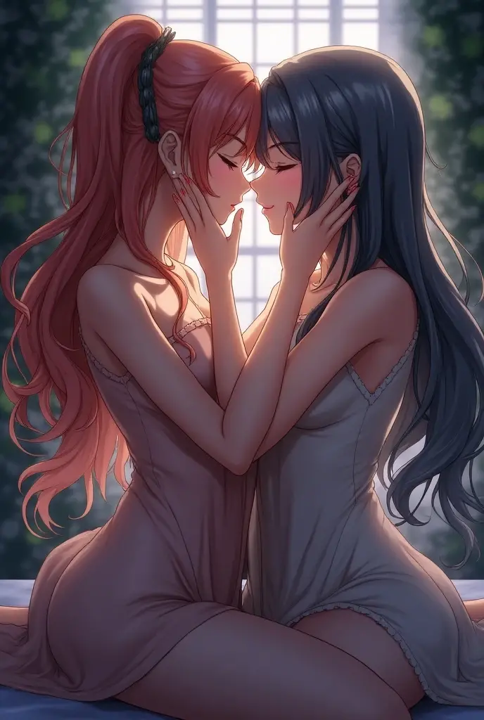 Two beautiful young women, Anime Style, Detailed face, Redhead, Red eyes, Delicate features, Soft lighting, Dress casually, Embrace each other, Intimate pose, One touches the other's face gently, Sit on a cozy sofa, Warm and cozy living room, Relaxed affection, Dynamic pose, Japanese Anime Style, high quality, Very detailed, 8K resolution, Cinema Lighting, 最high quality, Vibrant colors, Instagrammable, beautiful, trend