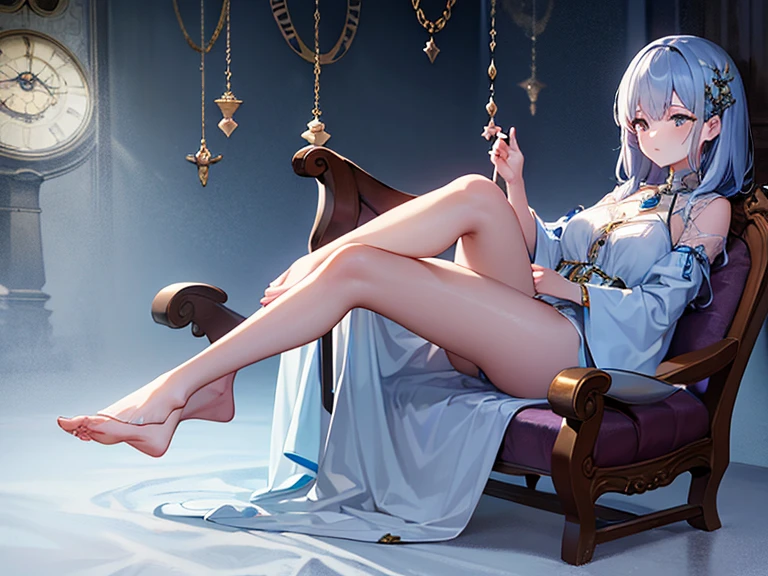 (masterpiece),(best quality:1.0), (ultra highres,), detailed, digital art, Ningguang from Genshin impact sat on an extravagant chair, legs crossed, thick things, wearing her blue dress,