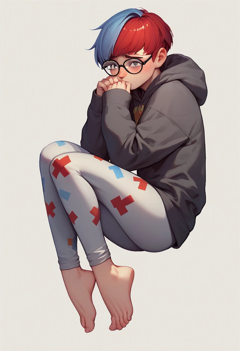 Penny, hoodie, leggings, glasses, shy, red hair, blue hair, barefoot 