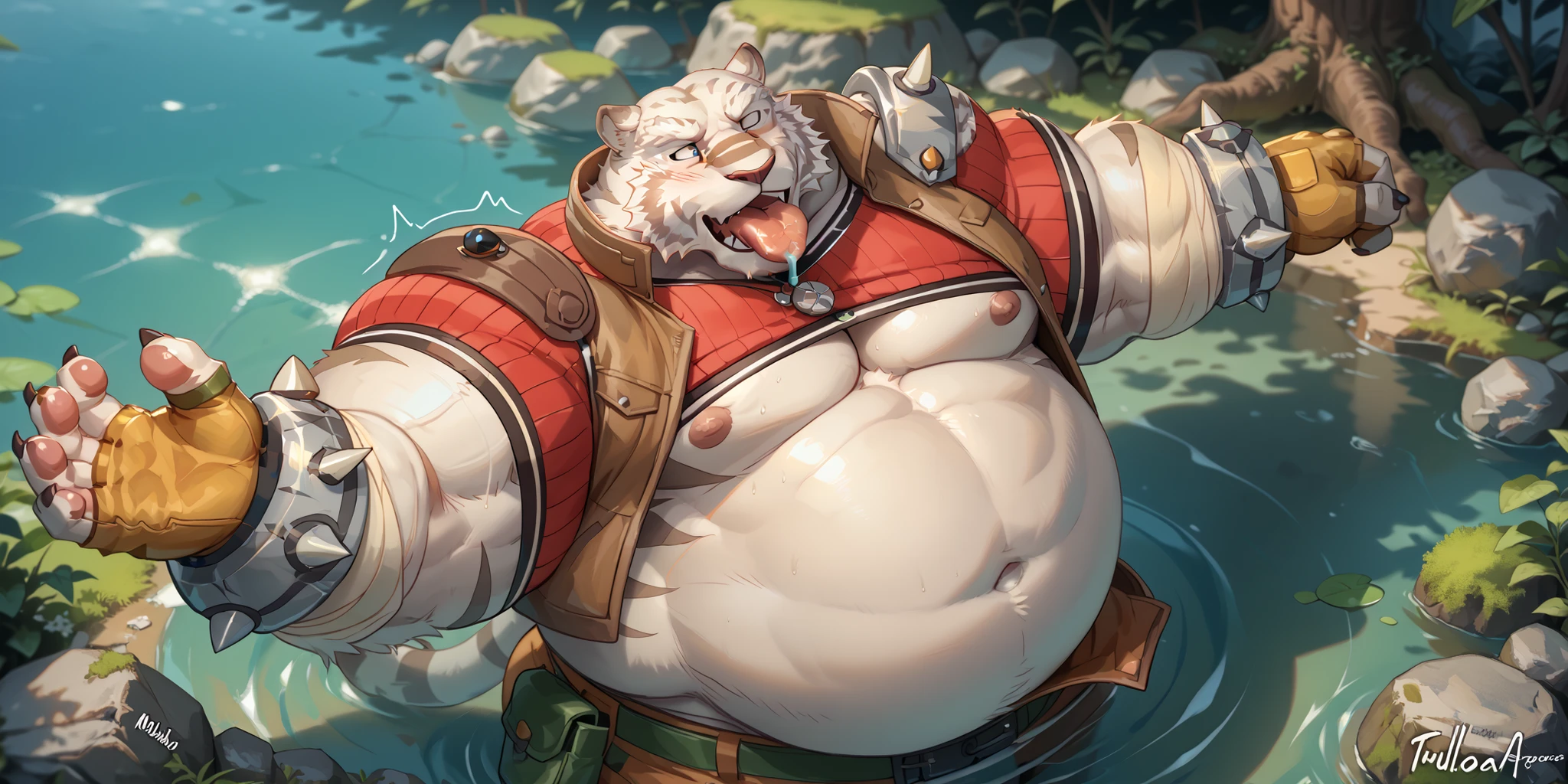 by null-ghost,Score_9, Score_8_up, Score_7_up,Mercenary (Grimoire of Zero).alone, is from white tiger, furry male tiger, (White body), (gray bar), muscular, wred crop top, mercenary vest, mercenary pants, spiked bracelet, arm wraps, shoulder pad, fingerless gloves, ,Thin,Lie down,Tongue,Supine, muscular身体, to bare your upper body, Tail, Chest Focus,Chest muscles, male focus ,Exposed chest and abdomen,Japanese cartoons,big muscle pecs,belly inflation,obese、Jacket buttons pop of、(water slime inserted into mouth and throat),(My throat swells as bodily fluids are poured into it),Belly bloat,My pregnant belly is so massive,No abdominal sagging,nsfw,full body,on your back,giant belly,My jacket is torn and my belly is completely exposed
