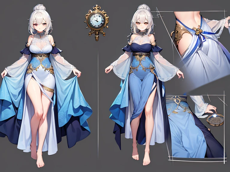 character design sheet of 1 girl - a wearing (beautiful silk dress), (pose), high quality, (lovely) ,intricate detailed large silk dress, highly detailed ((silk dress) , highly detailed decorations, (cute), studio lighting, (full body image from head to toe:1.5), (simple background)