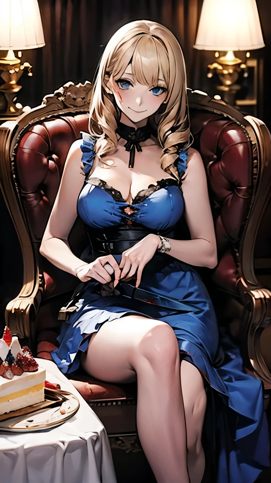 illustrations, top quality, dramatic lighting, (ruffle dress, Cut the cake with a sword) ,masterpiece, top quality, Ultra Details, Photorealistic Depiction of the John Wick Version of Alice in Wonderland, Red High Quality Chair , She is wearing a traditional Alice style blue dress, Skirt lift thighs, Cleavage , temptation, has a sly smile and sharp blue eyes that glow unnaturally . her blond hair , of underground Alice , Continental Hotel , but the 生地 is tattered and stained with blood, and , He has a knife 、Strawberry cake, birthday, The striped stockings and combat boots are similarly scattered, She has bloody desserts scattered on the table in front of her, Red syrup, Teacup, Sit down, spilling jam on a white tablecloth,