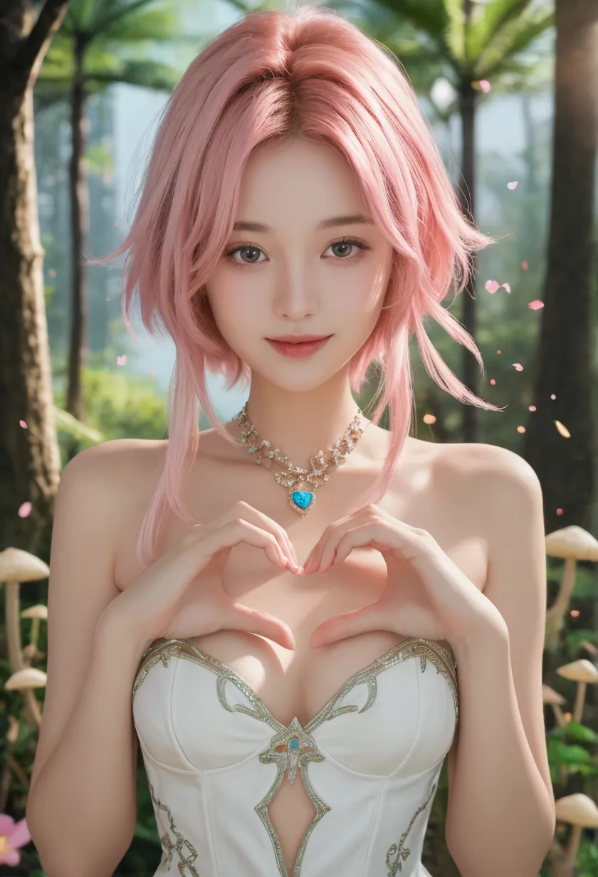 A beautiful anime-style girl, her image reflected in the large blade of a sword, woman, laughing, open mouth, bangs, animal ears, earrings, slightly parted lips, teeth, tongue, pink eyes, masterpiece, surrounded by flowers, breasts