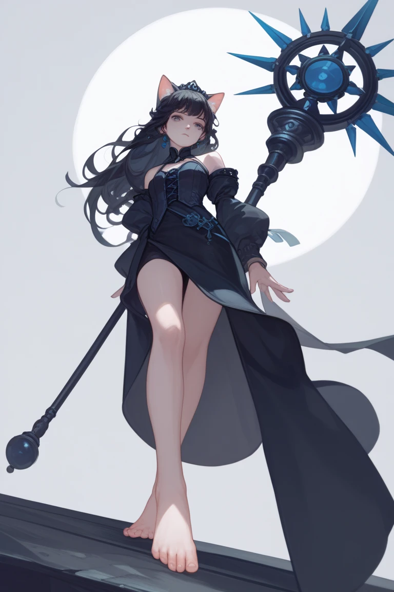 masterpiece,best quality,1girl,right hand in waist,azur lane al azuma,\(herrscher of finality\),solo,full body,pale skin,black hair,full body,full body black swinsuit,+ +,tight black collant,(((big breasts))),closed mouth,((serious expression)),bronze high heels, (((holding a great black axe))), three floating black skulls engulfed in ghost fire, ((fantasy character)), anime character sheet