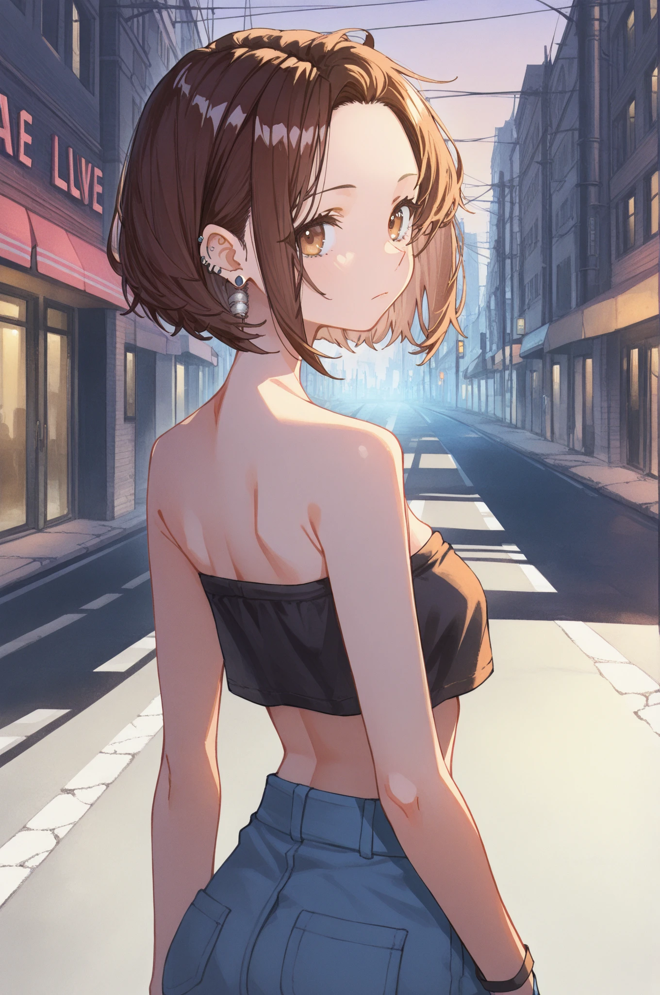 (masterpiece, best quality), a girl, expressionless, looking at viewer, looking back, bob, center part, forehead, brown hair, tube top, piercing, outside, on the street, in the city, at dusk, light watercolor,
BREAK (ground-level shot:1.2)