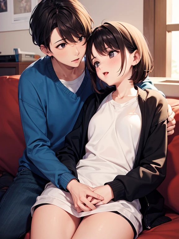 A boy hugs me from behind、Big Breasts、Cute light blue bra、Plain white, RaindropsTshirt、Bra see-through、Cute light blue string pants、A tall boy in gym clothes is hugging and kissing a girl、classroom、Watermelon head girl