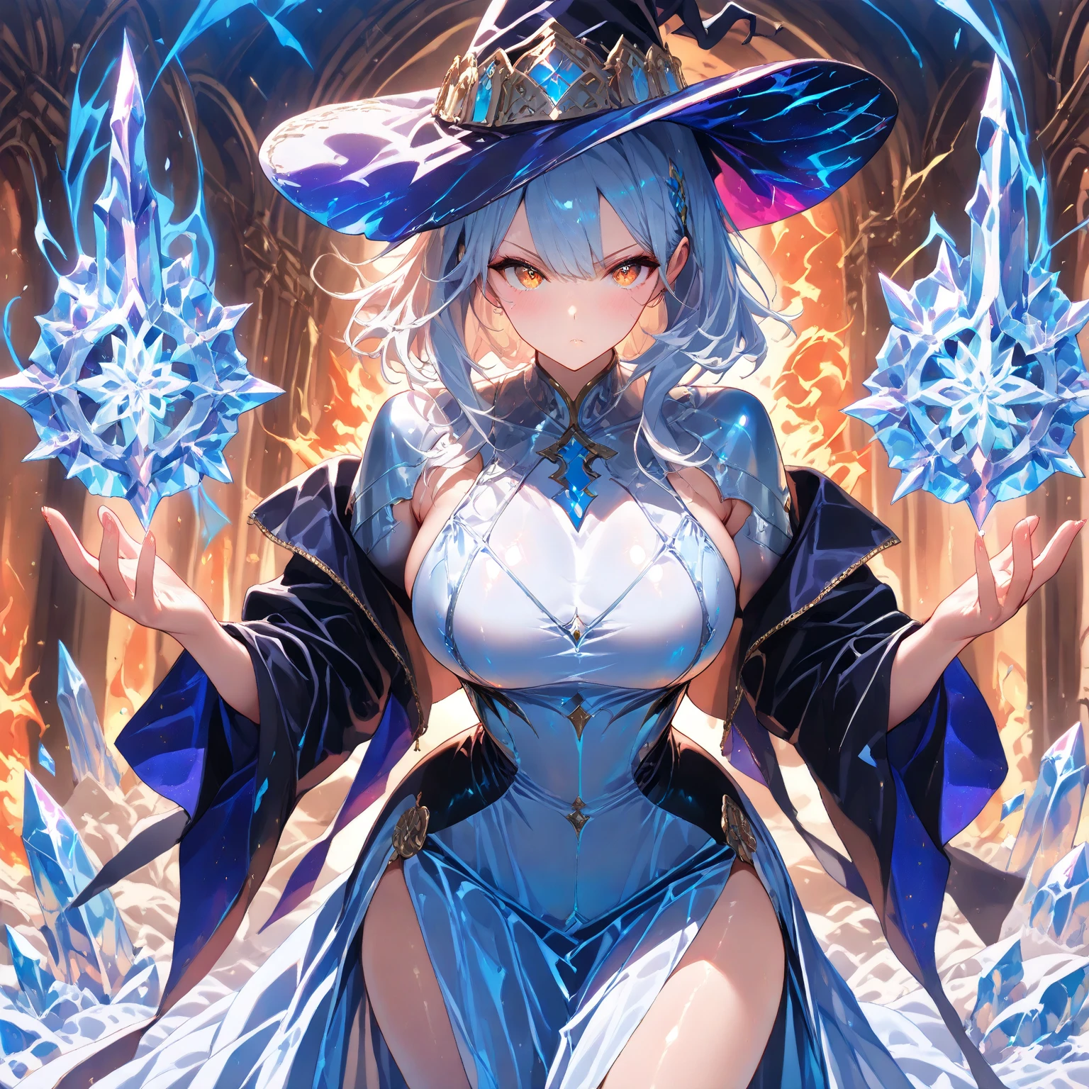 最high quality、high quality、best image quality、8K、最High resolution、High resolution、最high quality、masterpiece、whole body photos、 skin in every detail、 face in every detail、 eyes in every detail、 lips in every detail、 teeth in every detail、 ears with attention to detail、 hair with detailed details、arms with attention to detail、 hands with attention to detail、 fingers with attention to detail、 (fine hands、thumb１reference４)、 legs with attention to detail, feet with attention to detail, 8k, ultra HD, sharp focus, details hair, beautiful hair, details face, beautiful detail eye, details pupil, perfect hand, vibrant colours, soft lighting.

1Witch, long hair, hair accessory, style hair, white hair, radiant blue sea eyes, glow eyes, massive giant breast, magic clothes jacket, hoodie, short skirt, long stocking, shoes, magic effect, breasts grab

at stages, standing, magic wand, holding magic wand