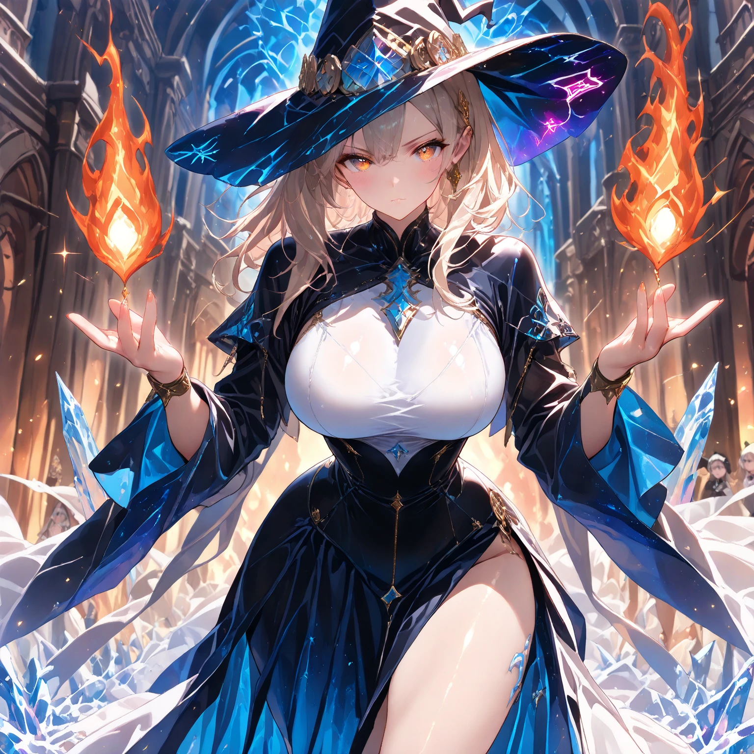 Back view、(Controls giant glowing ice and snowstorms:2.0)、(High quality, Ultra detailed, best quality, insanely detailed, beautiful, masterpiece)、(A witch clutching a giant staff:1.5)、Mature Woman、(Witch Hat、Blonde wavy hair)、((See-through blue sexy lingerie:1.3)、(Black garter belt、Black knee-high socks、Black Gloves、Black boots、gold and jewel decoration)、((Huge breasts)、Underboob、Sideboob、Huge areola、Thick Puffy Nipples)、(glamorous、Absolute area、Camel toe、Thick thighs、Wide Hips、curve、slim)、((Revealing outfit)、(NSFW)、(A large glowing blue tattoo on his crotch)、Shooting from below、(Witch's House、Evil ancient ruins)、(Bitch、Lewd、Slut、Prostitute、Sexual climax)