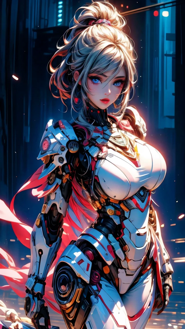 1girl,solo,medium breasts,outdoors,<lora:GoodHands-beta2:1>,(thigh gap:1.2),ruanyi0152,(red background),<lora:0238 humanoid robot_v1:0.9>,ruanyi0238,cable,mechanical parts,skeleton,spine,x-ray,blonde hair,very long hair,full body,, (masterpiece, best quality, hires, high resolution:1.2), (extremely detailed, realistic, intricate details, highres), 3d, cg, bbw, shiny skin, , blush,, eyeliner, eyeshadow, eyelashes,, (gigantic breasts, saggy breasts:1.1), (cinematic lighting, sunlight, volumetric), looking at viewer, , vintage fantasy, 1960s \(style\), film grain,