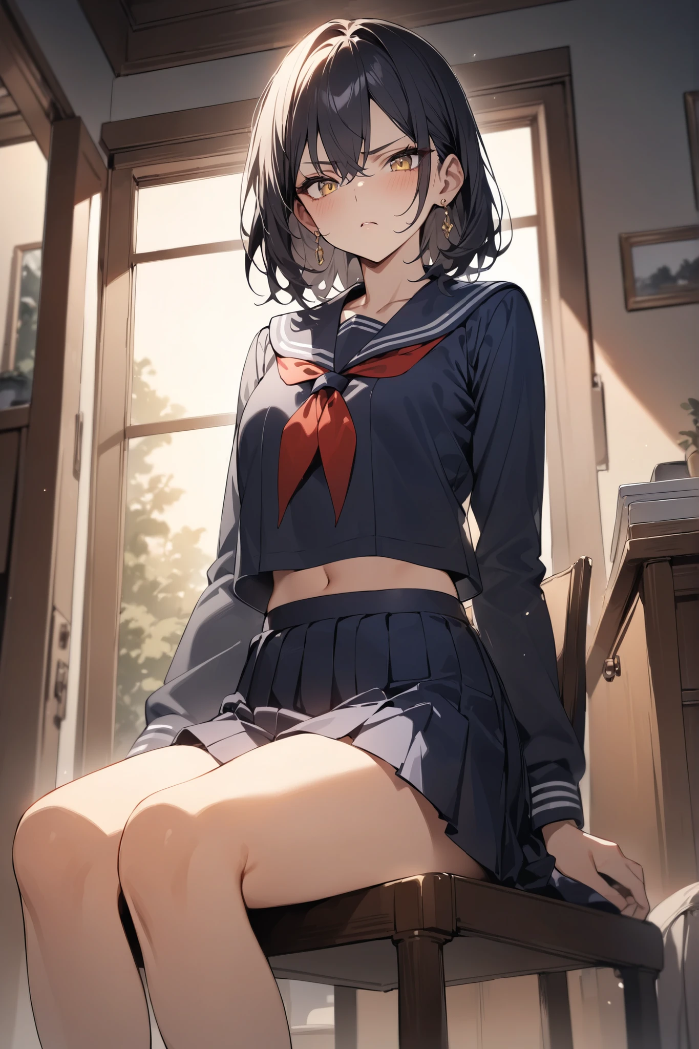 ((masterpiece,best quality)), highres, extremely detailed 8K wallpaper, depth_of_field, best shadow, (Colorful),(Delicate eyes and face), Perfect hands, (no lighting), Ray tracing, BREAK
(1girl), mogami \(kancolle\), black hair, short hair, black eyes / green eyes, swept bangs, (full-face blush), slender, skinny, parted lips, BREAK,
standing, perfect hand, BPD,((black pinafore dress)),long skirt,red bowtie,belt, BREAK, (clothes lift :1.4), (lifted by self:1.4), (white panty), crotch focus,
looking away, Cowboy Shots and knee, school, classroom, (((night time))), ((dark backgrounds:1.2)),