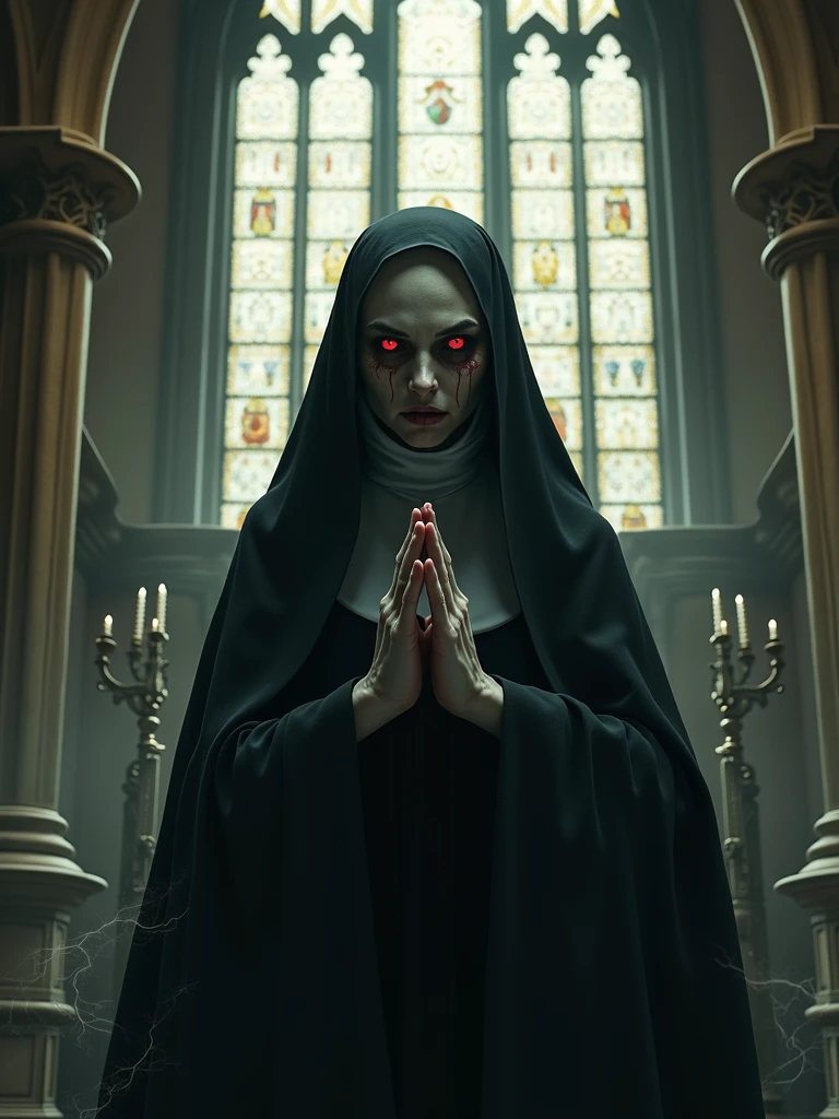 Black haired red eyed tattooed nun giving thumbs up