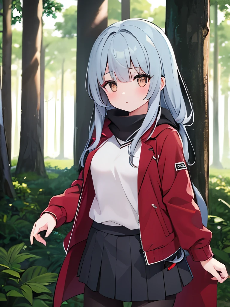 1girl, cowboyshot, long hair, blue grey hair, brown eyes, worn open jacket, dark red accents, skirt, slim leggings, forest, absurdres, high res, ultrasharp, 8k, masterpiece, looking at viewer