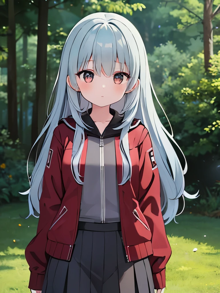 1girl, cowboyshot, long hair, blue grey hair, brown eyes, worn open jacket, dark red accents, skirt, slim leggings, forest, absurdres, high res, ultrasharp, 8k, masterpiece, looking at viewer