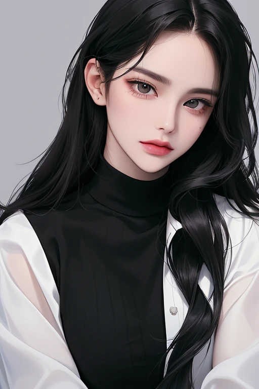 (Face Shape: Round face),(Eyes: Icy gaze that exudes modern sophistication, accented by dark and deep eyeshadow and muted eye color),(Nose: Mature and aloof, enhancing the overall sense of modernity),(Mouth: Neutral lips that hint at emotional detachment),(Skin: pure skin),(Figure:wide hip, thigh gap, small breast, slender), (Overall Impression: korea young woman)