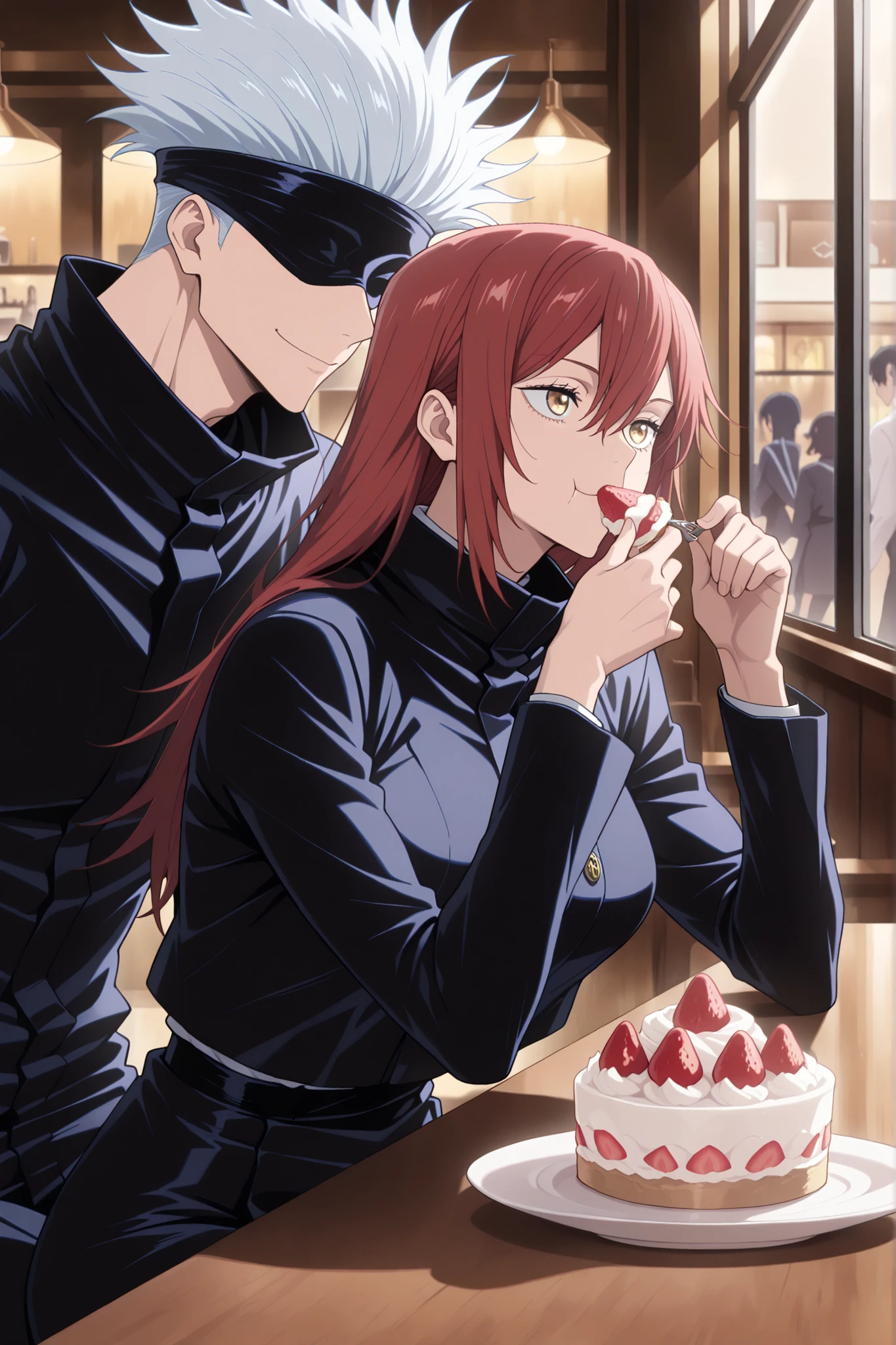 (masterpiece), (highest quality), (very detailed), (the best shape), (best shadows), (absurd), (so beautiful), beautiful eyes in every detail, unusual, 8k, 32K, high resolution, very detailed e CG, score_9, score_8_high, score_7_high, Those_anime_series, cinematic, BREAK 1 man, satoru gojou, jujutsu kaisen, black blindfoled, jujutsu kaisen uniform, white hair, short hair, cool, trained body, muscular, BREAK couple, duo focus, hetero, sitting in a fancy cafe, by the window, busy streets, eating , size diefference, height difference, strawberry cream cake,  strawberry milkshake, happy face, dynamic pose, cute pose, Sitting together in a café, eating together, sitting next to each other, 2 people, BREAK 1girl, golden eyes, red hair, long hair, long sidelocks, hair between eyes, cool, sexy, beautiful, petite, black jacket, black skirt