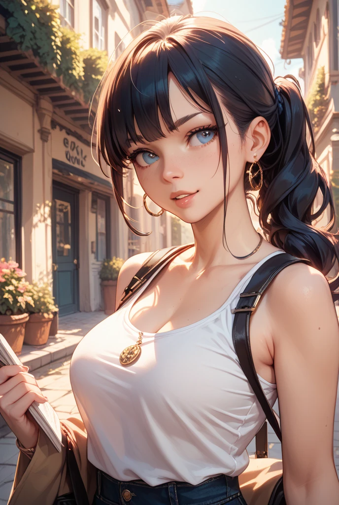 8k_wallpaper, extremely detailed eyes, extremely detailed body, (large masterpiece digital art), (detailed manga illustration), (detailed line art), ((perfect anatomy)), (intricate details:1.3), (ultra-detailed:1.3), (illustration:1.3), (sharp focus:1.3), (natural lighting:1.05), (vivid colors:1.3), (masterpiece), best quality, expressive eyes, perfect face, 1 girl, breasts, cleavage, gloves, huge breasts, casual clothes, white shirt, tee shirt, denim jacket, jacket, fur trim, detailed {{blue hair}}, medium hair, messy hair, (gray eyes), hourglass physique, black short, denim shorts, dynamic pose, huge ass, dynamic lighting,