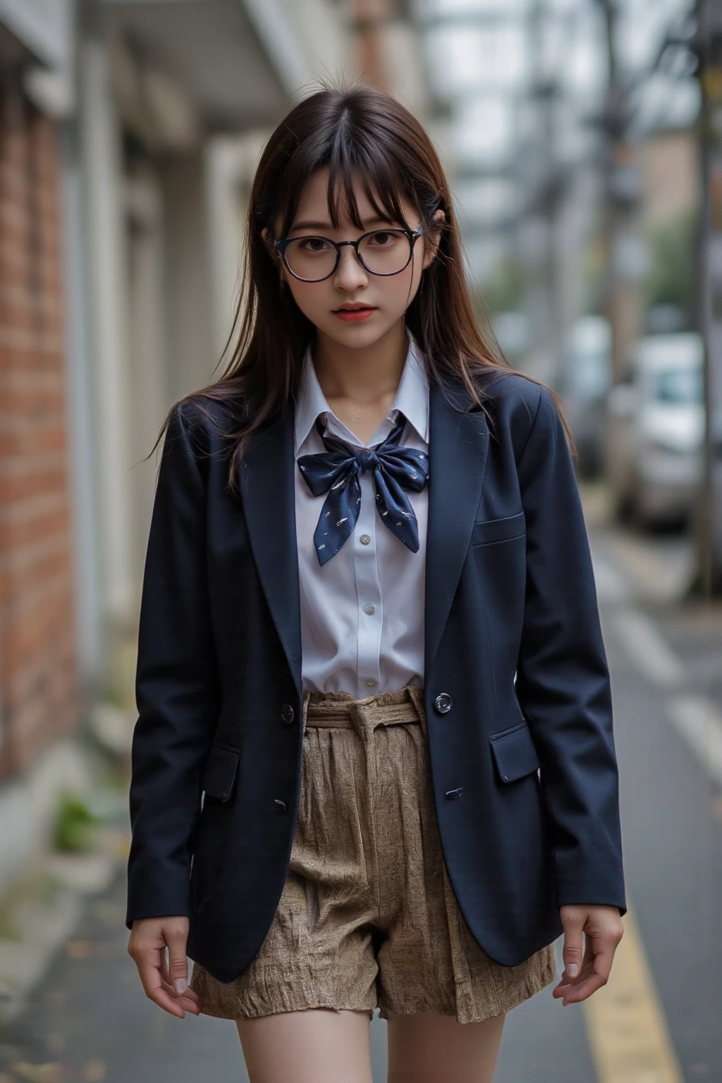 highest quality、Realistic、girl、Japanese、zoom、cute、classroom、Gray Eyes、Light Brown Hair、Bob Hair、Off-white blazer、White blouse、Ribbon、Blue checked pleated skirt、Face close-up、thin、Small breasts、Pouting、freckles、Glasses、Headband
