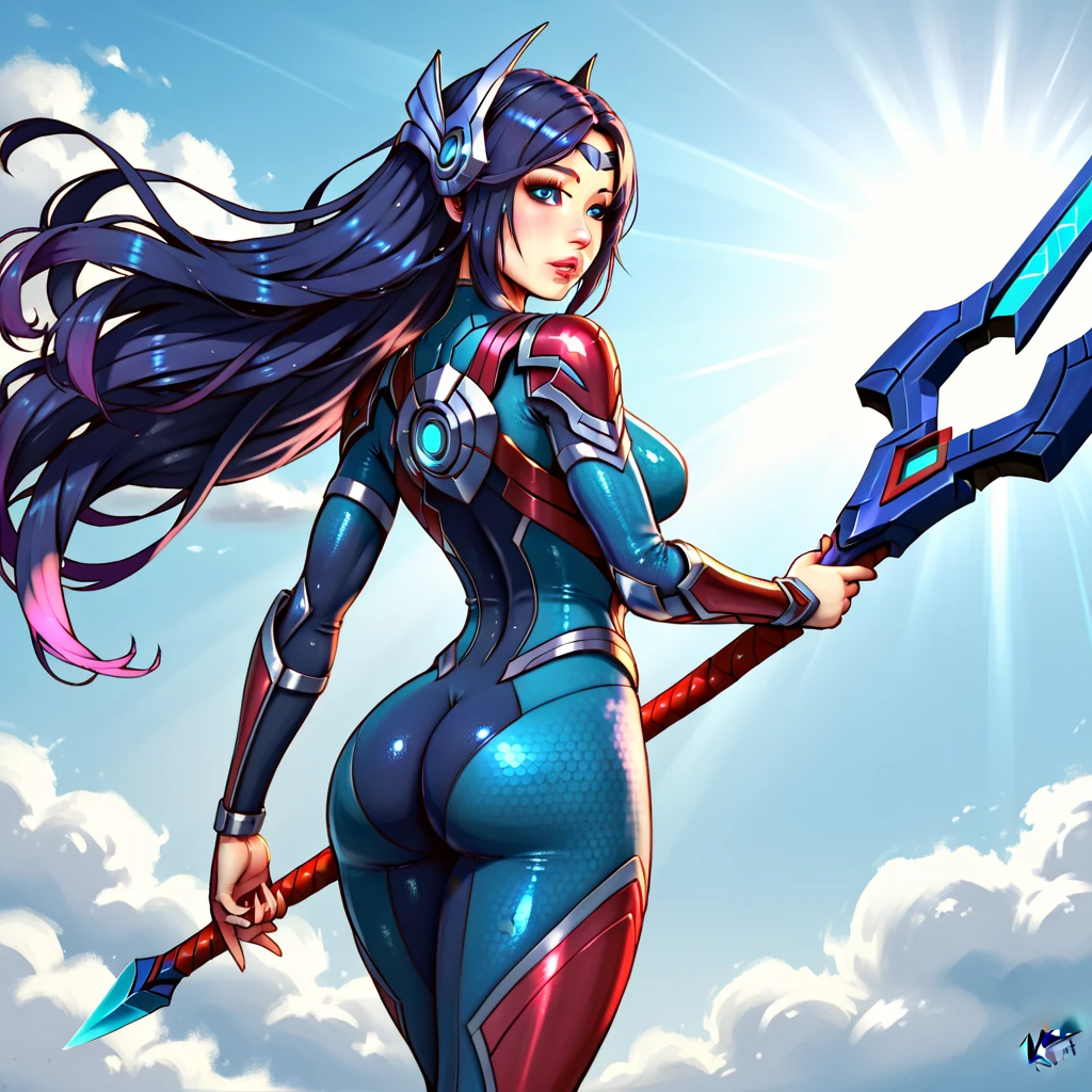 chi chi, ((long black hair, blunt bangs, sidelocks, ponytail, glowing black eyes, makeup, narrow waist, skinny, medium breasts, helmet)), pelvic curtain, ((armor, dark blue bikini armor, cape, collarbone, gloves, helmet, navel, shoulder armor)), full body, perfect body, (insanely detailed, beautiful detailed face, masterpiece, best quality) , (((solo))), (((1girl))), (((mature))), (extremely detailed 8k paper CG wall unit: 1.1), (nature, forest, cloud, sky, sun), (smile face for the viewer), underbutt, from behind, from back