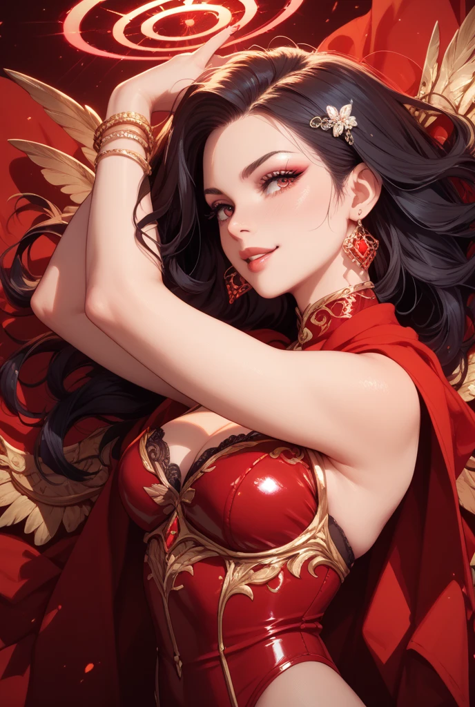 {
  "prompt": "Empress Xian Li, the Eternal Crescent, a highly detailed illustration in a 4K resolution. She is depicted with fair, flawless skin and long, straight raven-black hair styled in an intricate updo adorned with an elaborate crown made of gold and precious jewels. Her piercing cold gray eyes and deep red lips provide a stark contrast to her pale complexion. Xian Li wears resplendent imperial robes made from the finest silks, in shades of deep red, black, and gold, with intricate embroidery and delicate lace. The robes feature symbols of the crescent moon, dragons, and phoenixes. The background includes elements of the imperial palace, with grand pillars, opulent tapestries, and a majestic throne, emphasizing her divine authority and the grandeur of her reign. She has a serene and emotionless expression, highlighting her royal status and ethereal beauty.",
  "size": "1024x1792"
}
