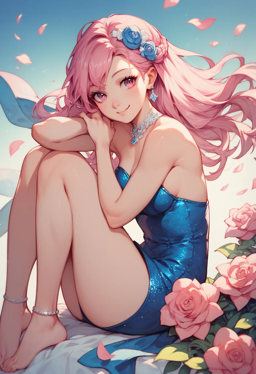 Indian girl with (pink saree) happy,kneeling on the bed,Mid-ground in blue flowers field having big boobs open hair holding a flower