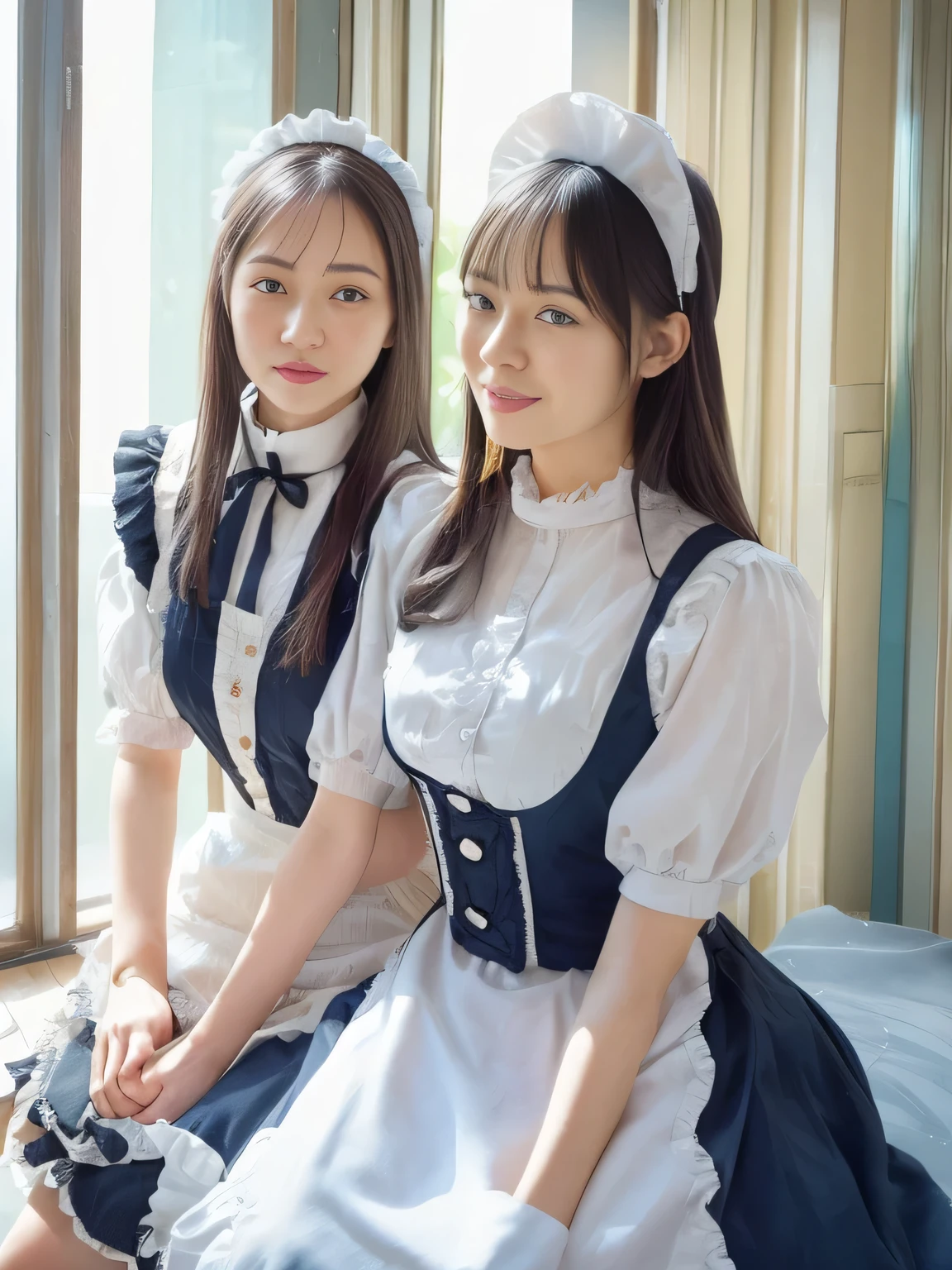 (((Max Video Quality、highest resolution、greatest masterpiece、8k)))、(((Detailed Faces)))(((cute face)))(((Baby Face)))(((Young contour)))(((lovely eyes and nose)))、((( Blizzard 10 )))(((model body type to sit)))(((perfect poddy line)))、(((Big Breasts 1.0)))((( Detailed Body .5)))、((( black long straight hair)))、(((Girls in Blue and White Edwardian Maid Outfit 2.0)))　(((Blue and White Edwardian Maid Dress)))　(((Blue and White Edwardian Ruffle Maid Outfit 2.0)))　Girl in Japan maid outfit　  Blue and White Ruffle Gothic Maid Outfit 2.0　　(((Girls in Blue and White Edwardian Maid Outfit 2.0)))　(((Large Ruffled Maid Headband)))　(((Shining Holy Glass　LARGE SHINY MARBLE ROOM 1.0)))　(((Luxury furniture　LUXURIOUS DECORATED LIVING ROOM 1.0)))　 large glass window 　Japan 　look at the camera　  adorable smile　((( dynamic posing 3.0 )))(((Dynamic lesbian couple shots)))((( gougoupaintleaves style )))、(((lesbian couple sitting on a bench 5.0)))、(((GirlsLove Photo)))、(((lesbian couple shots 3.0)))、(((Lesbian Couple Cuddling Up 3.0)))