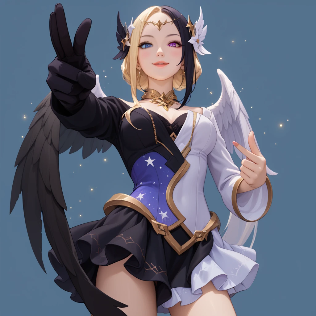 1girl, perfect duality goddess, seductive, sexy, tall, elegant, pale skin, medium flowing hair, blond, half white half black clothes, purple eyes, heterochromia, asymmetrical dual-color dress, (white and black magical robe:1), golden accents, gold collar, flowing silk fabric, celestial patterns, ethereal aura, light and dark wings, floating, standing proud, looking at viewer, elegant, composed, high quality, high resolution, masterpiece, best, forest, day, outdoor, blue sky, centered, upper body, close-up of neck, cowboy shot, from below, pointing at viewer, confident, cocky, mysterious smile, graceful, thin, celestial energy orbs, glowing effects, light vs chaos theme, cinematic lighting, moody atmosphere, soft sparkles, floating particles, fantasy environment, detailed magical textures,