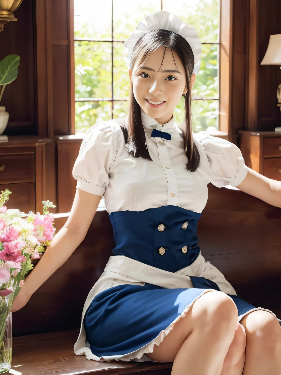 (((Max Video Quality、highest resolution、greatest masterpiece、8k)))、(((Detailed Faces)))(((cute face)))(((Baby Face)))(((Young contour)))(((lovely eyes and nose)))、((( Blizzard 10 )))(((model body type to sit)))(((perfect poddy line)))、(((Big Breasts 1.0)))((( Detailed Body .5)))、((( black long straight hair)))、(((Girls in Blue and White Edwardian Maid Outfit 2.0))) Blue and White Edwardian Maid Dress 2.0 Blue and White Edwardian Maid Outfit 2.0 Girl in Japan maid outfit Blue and White Gothic Maid Outfit 2.0 Girl in Blue and White Edwardian Maid Outfit Large Ruffled Maid Headband (((Shining Holy Glass Large Shiny Marble Room Luxury furniture Lavishly Decorated Living Room))) large glass window Japan look at the camera adorable smile ((( Dynamic Posing Poses )))((( gougoupaintleaves style )))(((lesbian couple sitting on a bench 5.0)))