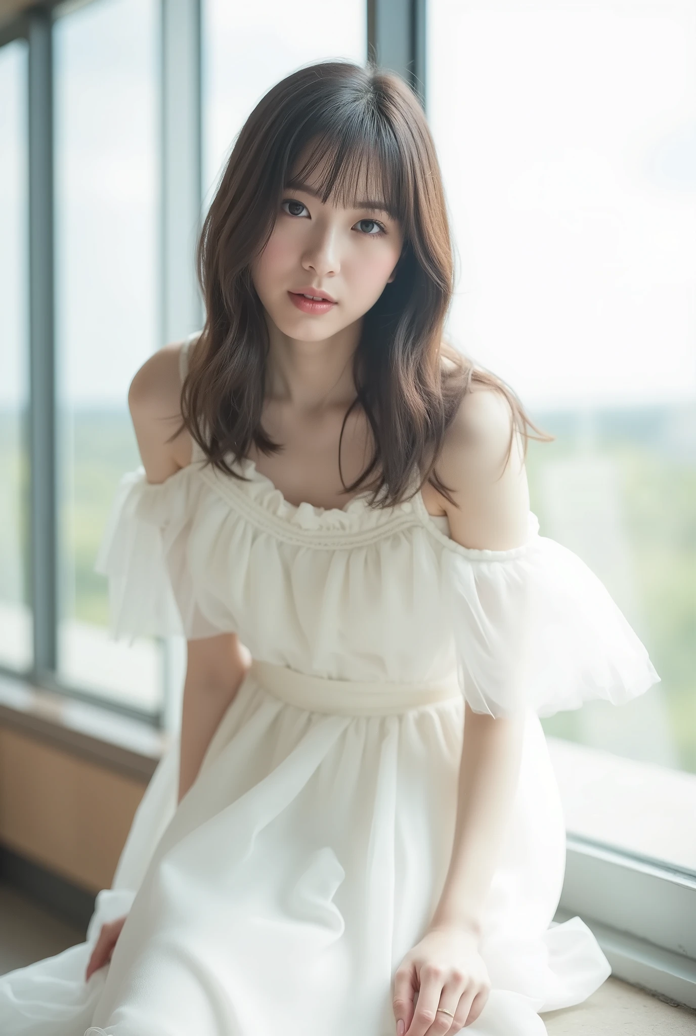 Create an image of a fair-skinned Japanese girl with medium-length straight hair stands gracefully in a 'White Cinderella' costume. The composition captures her in a knee-length pose against a blurred background that resembles a white fantasy world, with a distant horizon. Artistic light leaks and chromatic aberration enhance the ethereal atmosphere, all framed from a dynamic angle.
