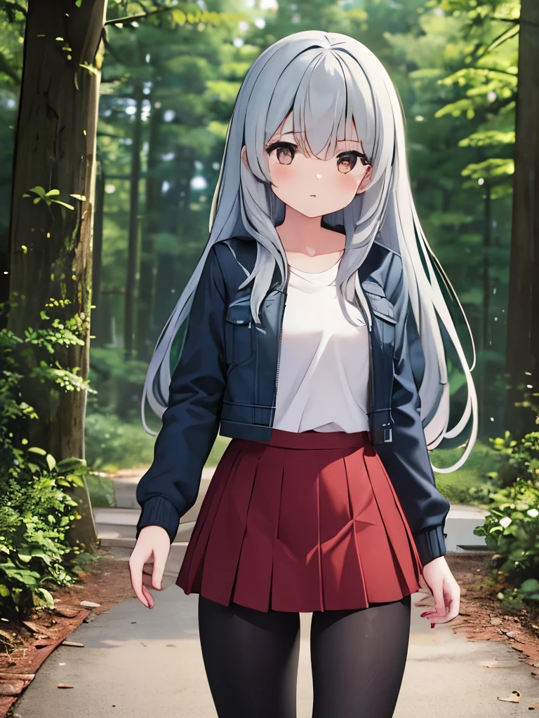 1girl, cowboyshot, long hair, blue grey hair, brown eyes, worn open jacket, dark red accents, skirt, slim  leggings, forest, absurdres, high res, ultrasharp, 8k, masterpiece, looking at viewer