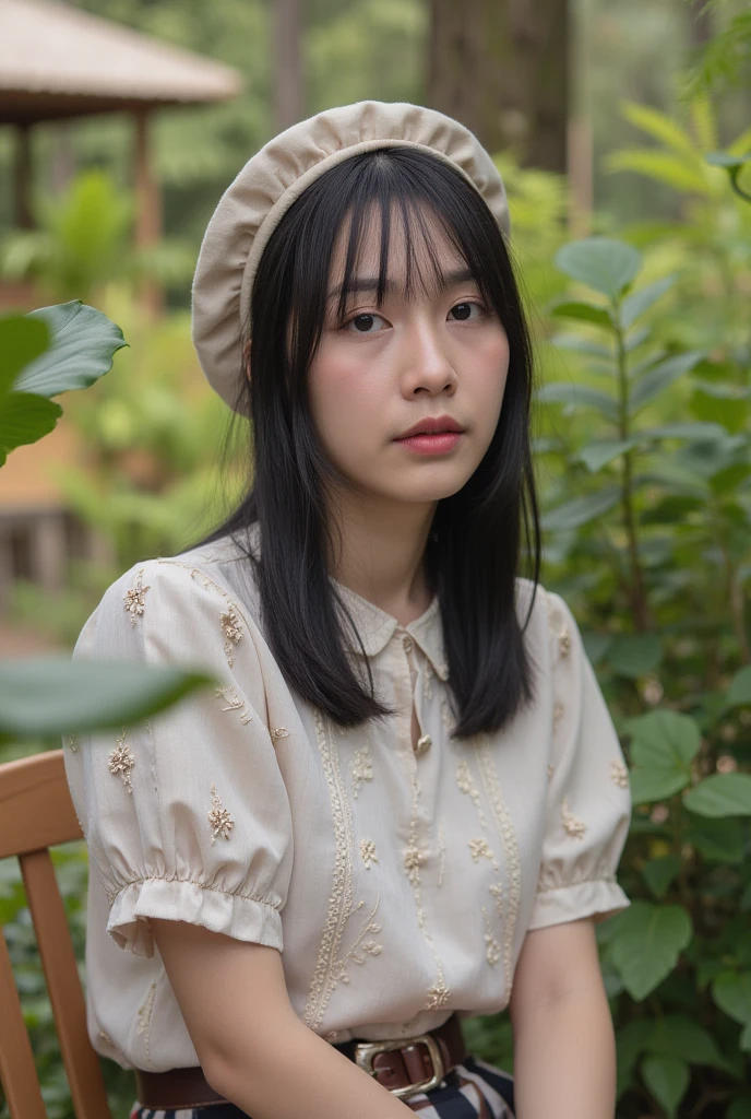 (masterpiece, best quality:1.2), 1girl, Asian age, ParewaFace, black long hair, bang hair, solo, gigantic breasts, (medium long shot), wearing gothic white organza dress, wearing flower wide hat, against pink flower garden, sunset, blurry background, (bokeh)
