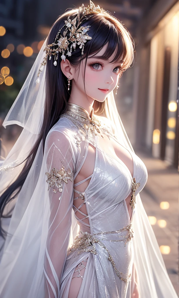 best quality, masterpiece, High resolution, 1 chinese girl,Wedding dress,hair accessories,necklace, jewelry,pretty face,Above_Body, The Tyndall effect,Realistic, Dark Studio, Edge lighting, two color lights,(Highly detailed skin:1.2), 8K uhd, DSLR camera, soft light, high quality, Volumetric lighting, confess, photo, High resolution, 8K, Bokeh