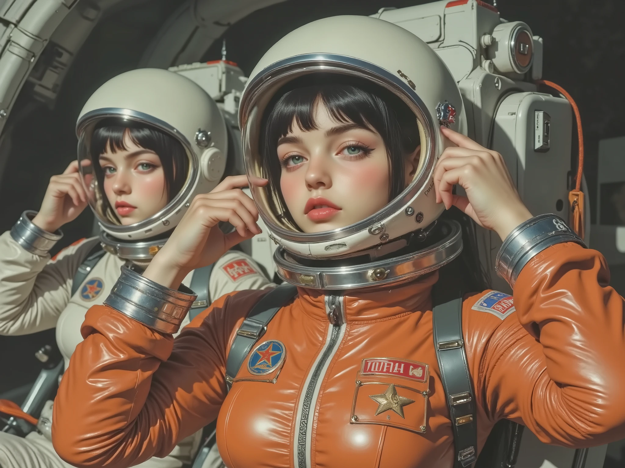 ((cute female astronaut、 The best beautiful girl 、pretty face、 Beautiful green eyes、thick lips with Nozomi))、(((Soviet Propaganda Posters from the Late 1960s、CCCP poster , poster highlighting the triumph of socialism、Red Flag、 gamepad ,communist propaganda、greatest masterpiece)))、((1960s spacesuits、white helmet、Soviet letters、orange spacesuit、 realistic accuracy faithful to details 、jumpsuit、emblem、transparent ear covers:1.8)),((no gravity, touching Tereshkova、Salute space station、Baikonur Cosmodrome)),(Spacewalk, reflected light from the sun , Detailed Textures , I can see the blue Earth、success、 Hero of the Soviet Union)