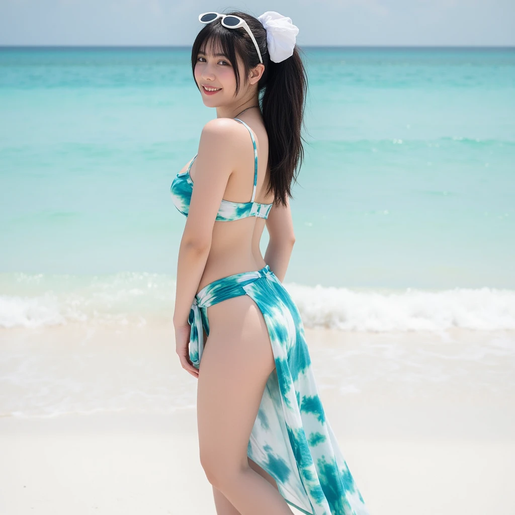 (Best-quality, Masterpiece, Ultra-High-Resolution, (Photorealistic:1.4), Raw Photo, depth of field, professional lighting, perfect anatomy, extremely details), 1girl, -yeld, thost famous Japanese idol, (wearing summer-dress with beautiful-design), (having lots of fun at summer beach), (((upturned ass))), (extremely cute face like the most popular Japanese idol), ((extremely cute and extremely big realistic-eyes)), (extremely beautiful hair), (((extremely beautiful and extremely realistic skins))), extremely beautiful body, extremely beautiful thighs, dynamic pose, looking at viewer, innocent smile, ((detailed summer-beach)), ((detailed summer-dress-with-beautiful-design))